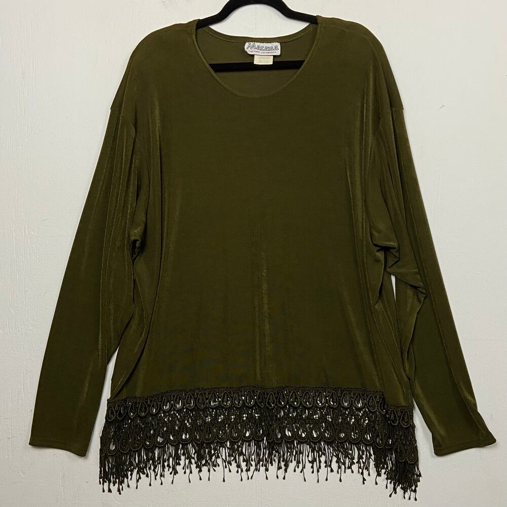 Vintage Women's Olive Green Lagenlook Slinky Knit Lace Trim Tunic Top Size 3X